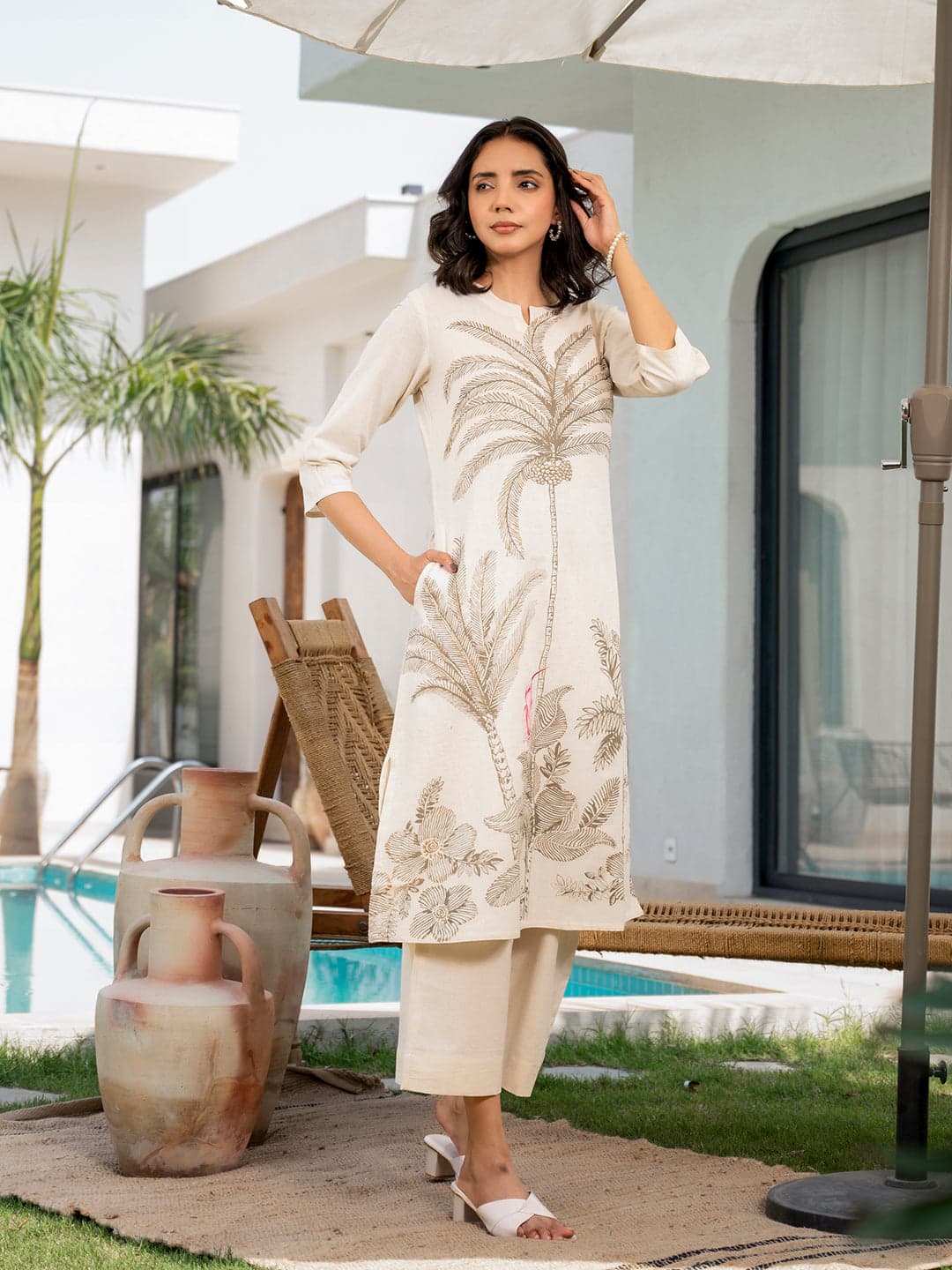 Cream Palm Printed Cotton Kurta Set