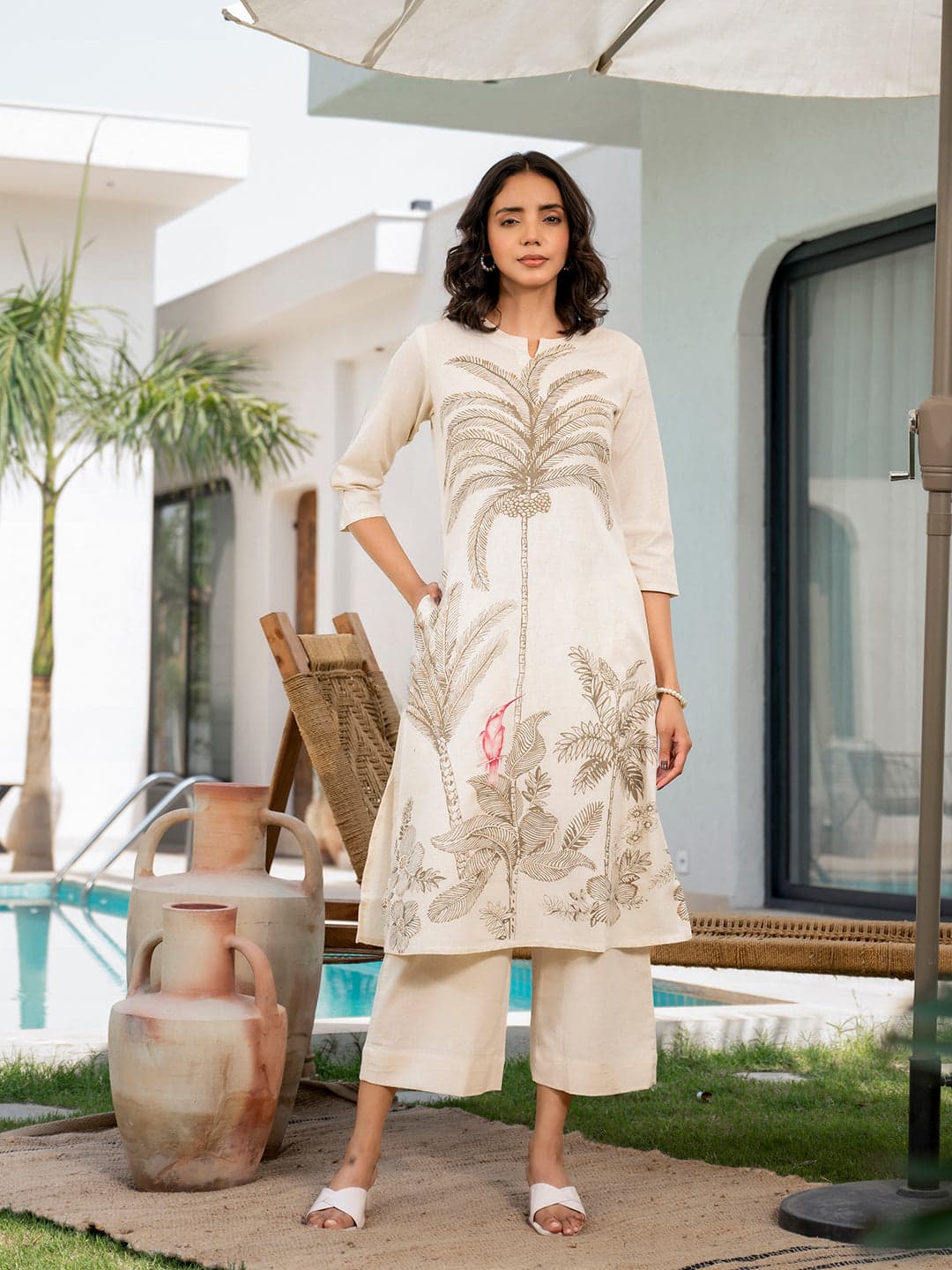 Cream Palm Printed Cotton Kurta Set