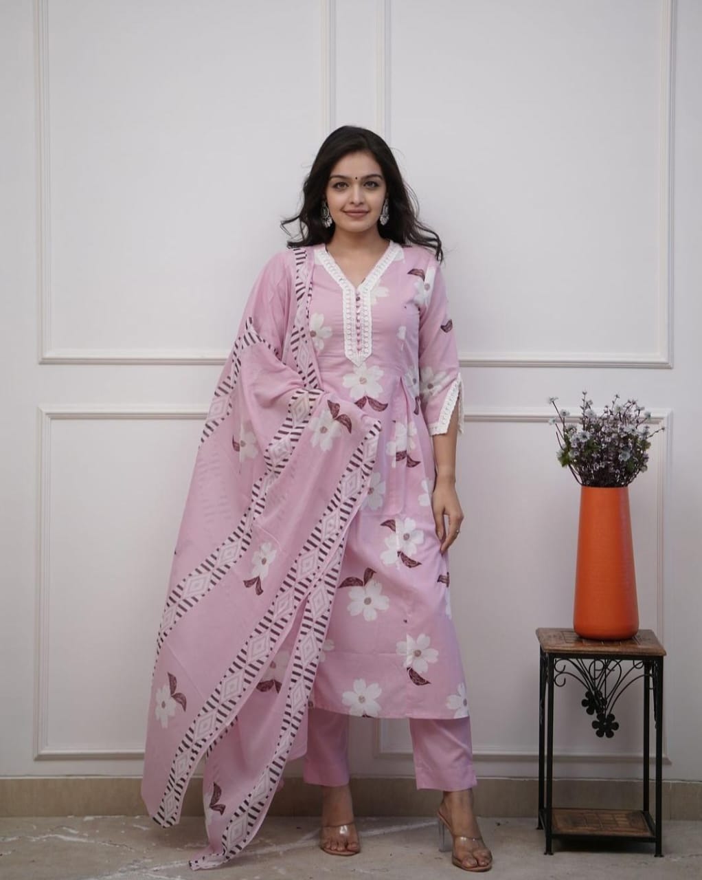 Blush Pink Floral Printed Kurta Set with Dupatta