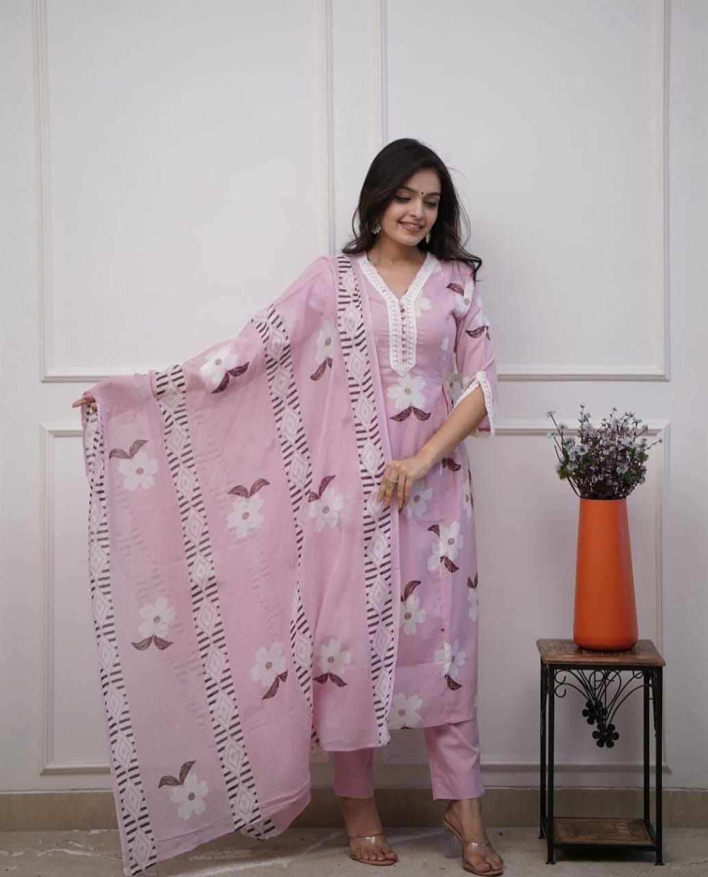 Blush Pink Floral Printed Kurta Set with Dupatta