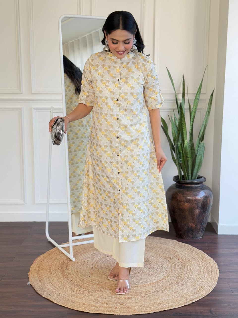 Cotton Digital Printed Button-Down Kurta with Creamy Beige Pants