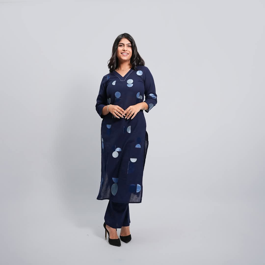 Blue Rayon Kurti with Silver Geometric Print