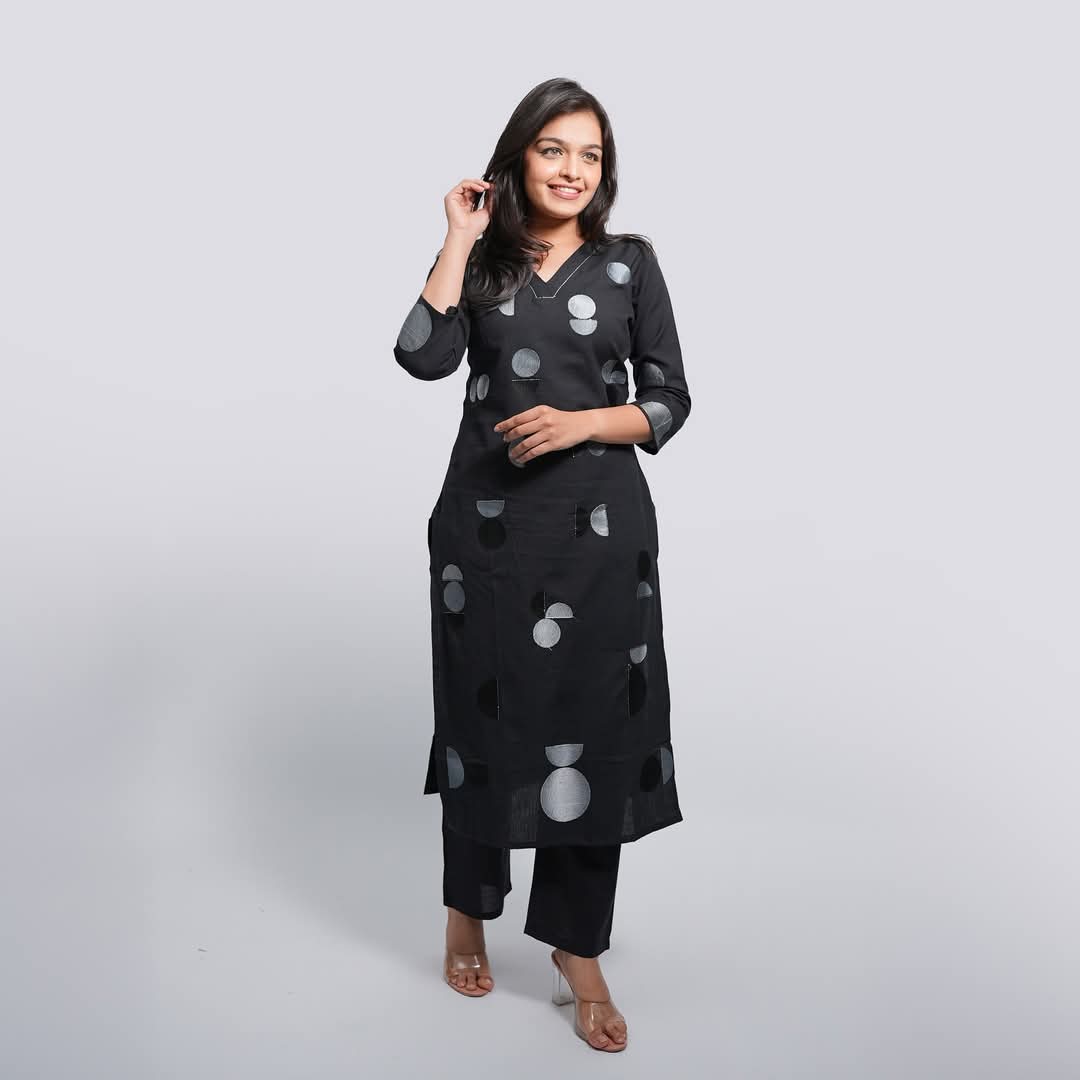 Black Rayon Kurti with Silver Geometric Print