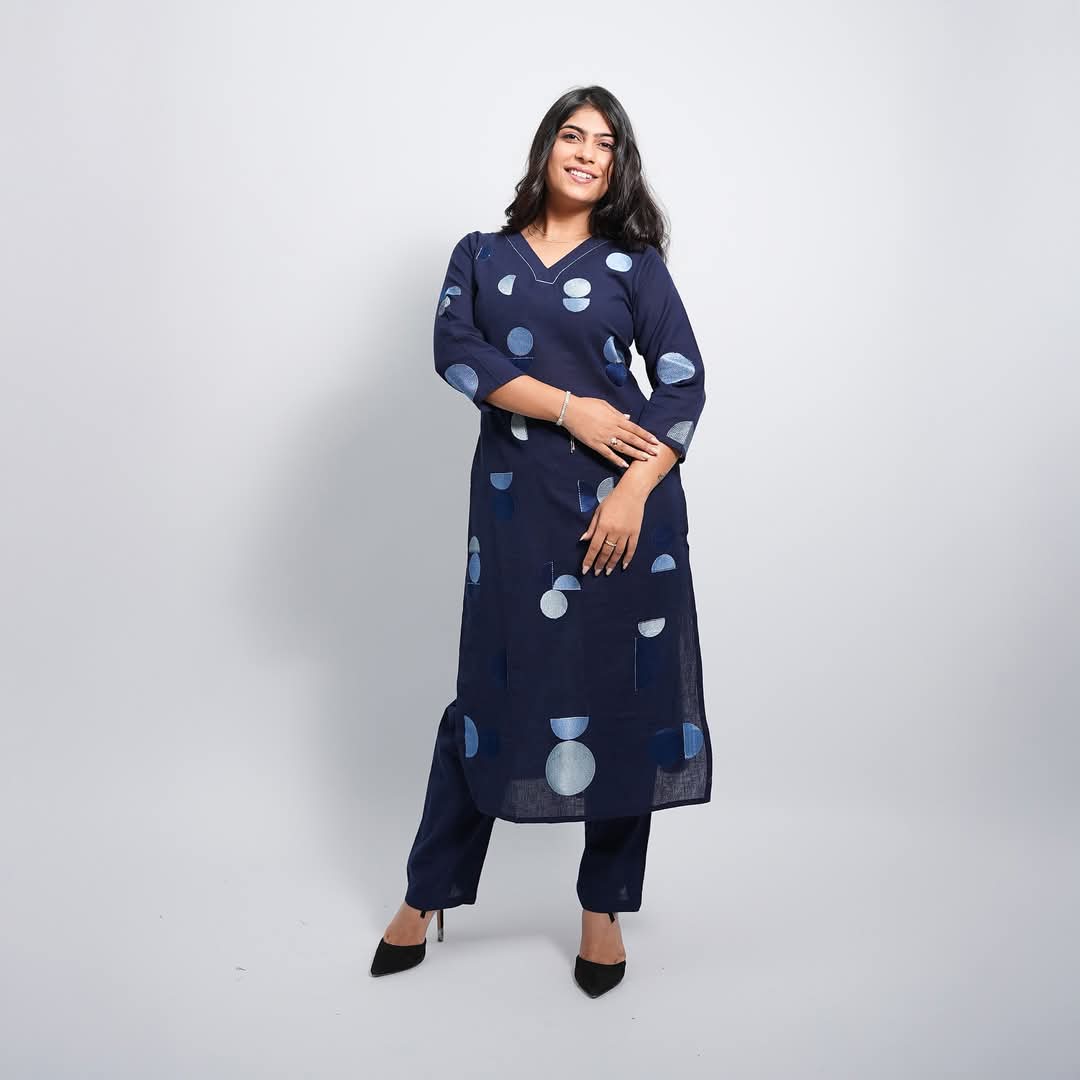 Blue Rayon Kurti with Silver Geometric Print
