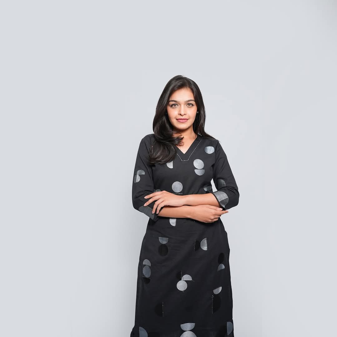 Black Rayon Kurti with Silver Geometric Print