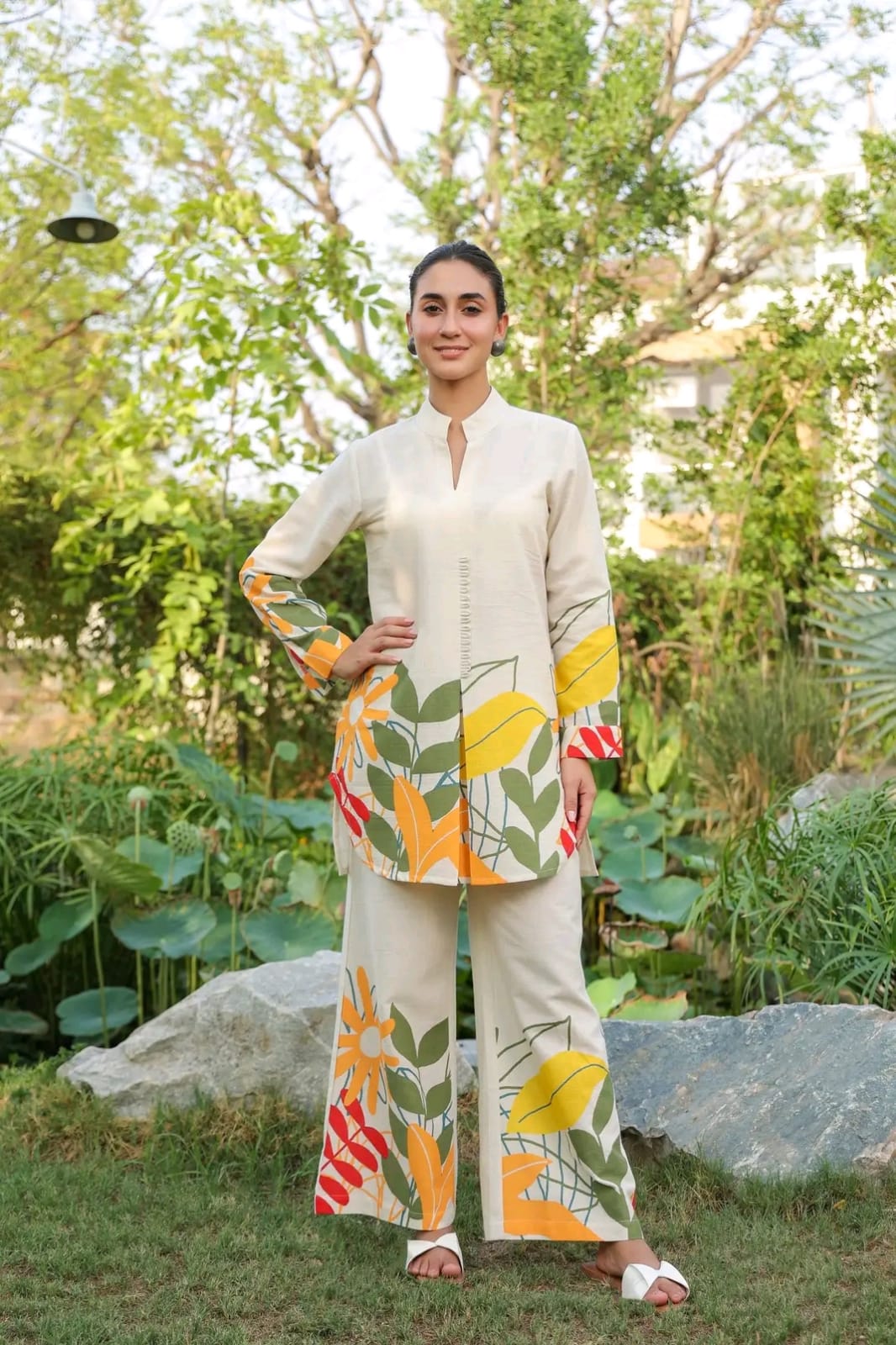 Off-White Cotton Flex Floral Co-Ord Set with Mandarin Collar