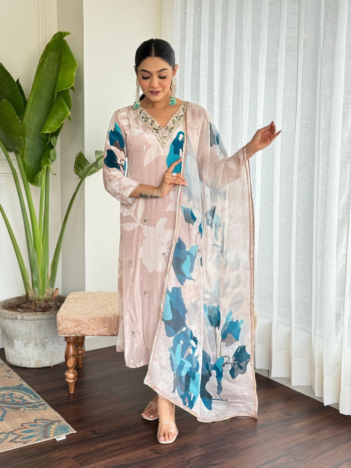 Beige & Blue Floral Muslin Kurta Set with Dupatta