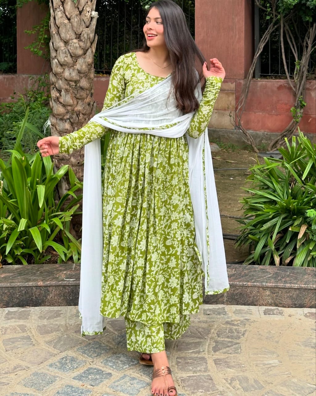 Elegant Green Floral Anarkali Suit with Dupatta