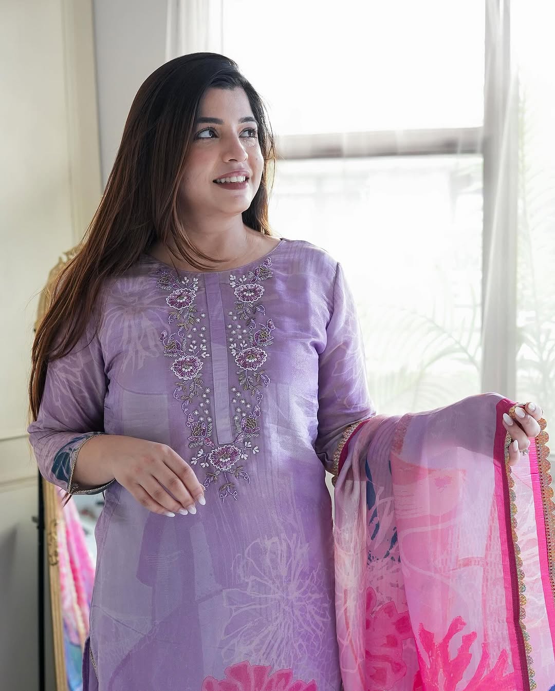 Elegant Lavender Chinon Suit with Floral Digital Print & Handwork Embellishments