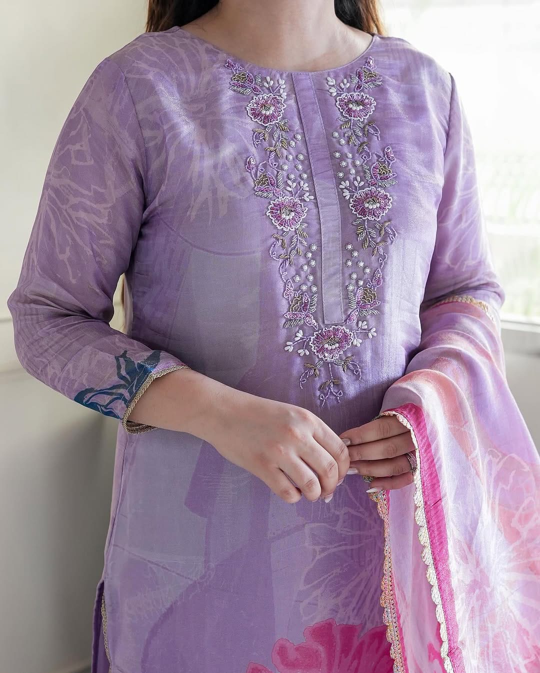 Elegant Lavender Chinon Suit with Floral Digital Print & Handwork Embellishments