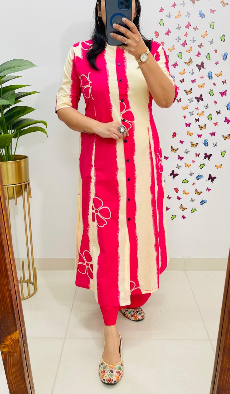Pink Striped Cotton Kurta Set with Button Detailing