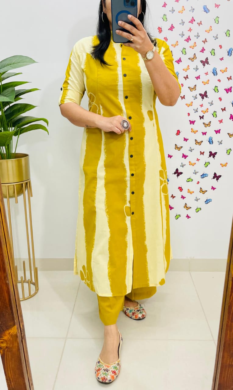 Yellow Striped Cotton Kurta Set with Button Detailing