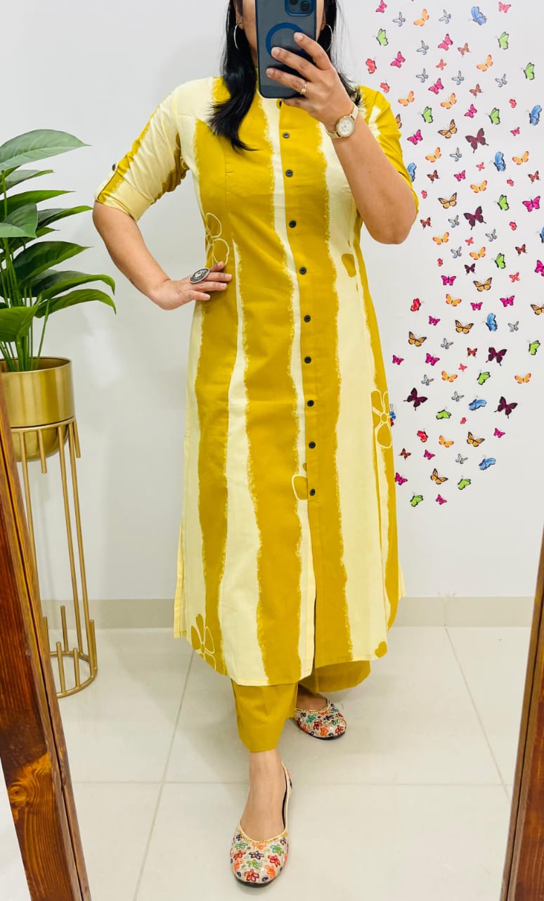Yellow Striped Cotton Kurta Set with Button Detailing
