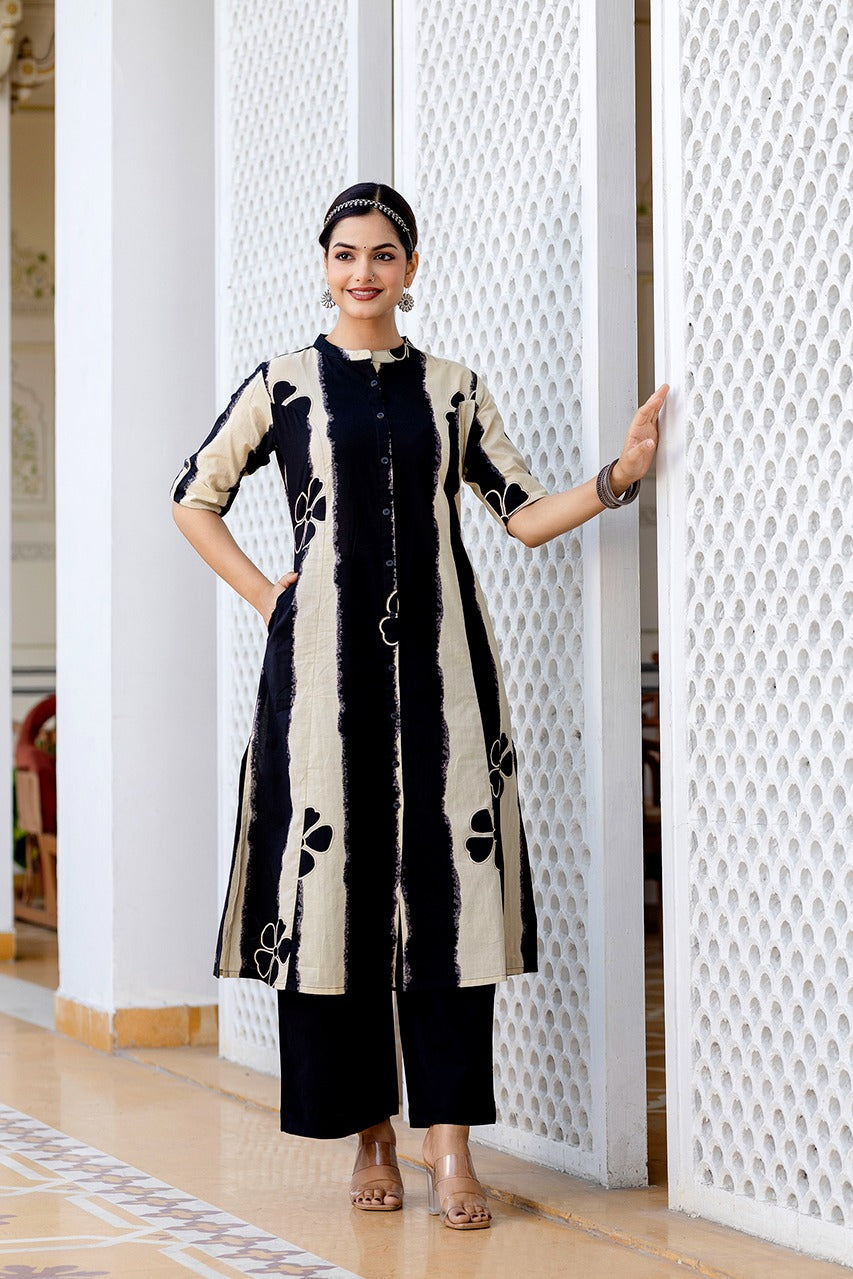 Black Striped Cotton Kurta Set with Button Detailing