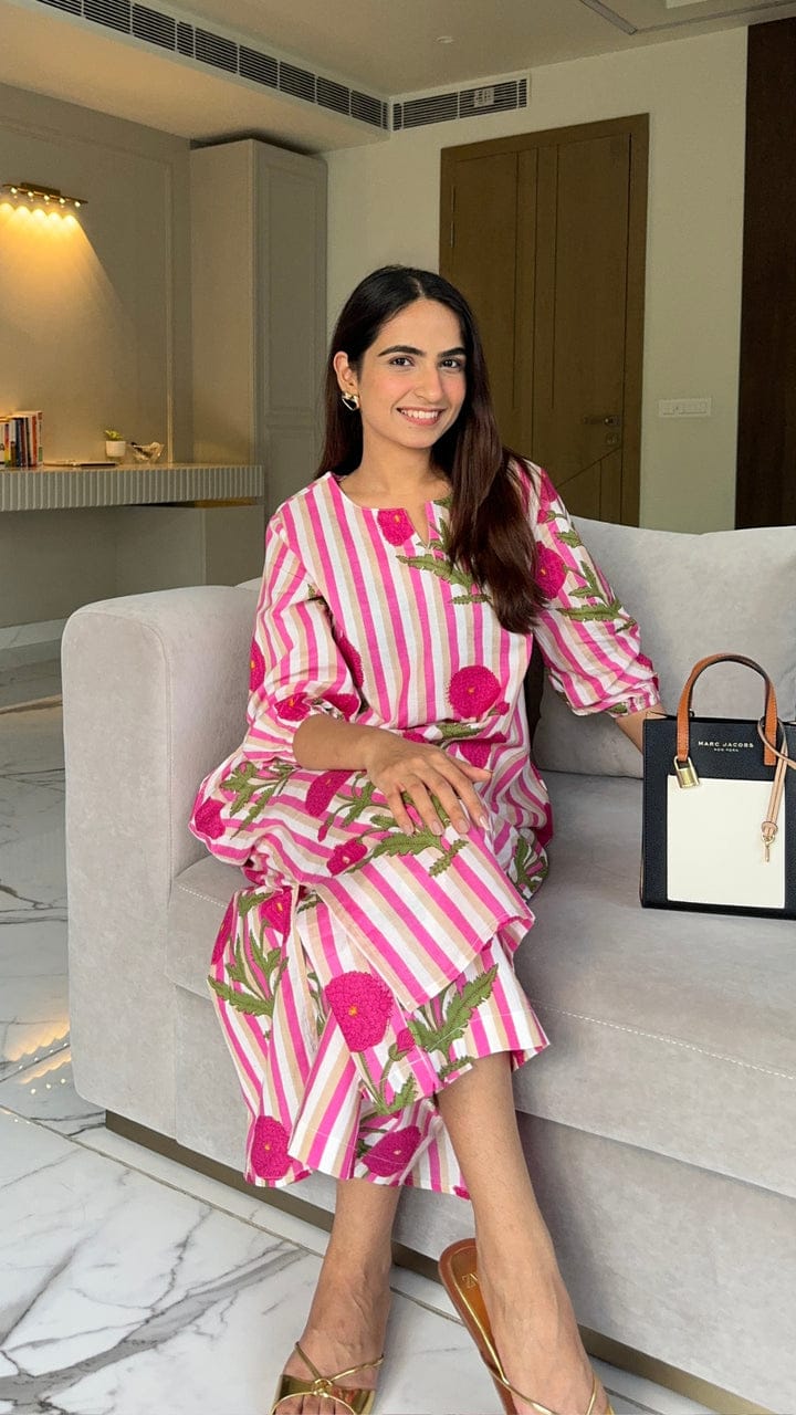 Pink & White Striped Floral Hand Block Printed Kurta with Puff Sleeves.