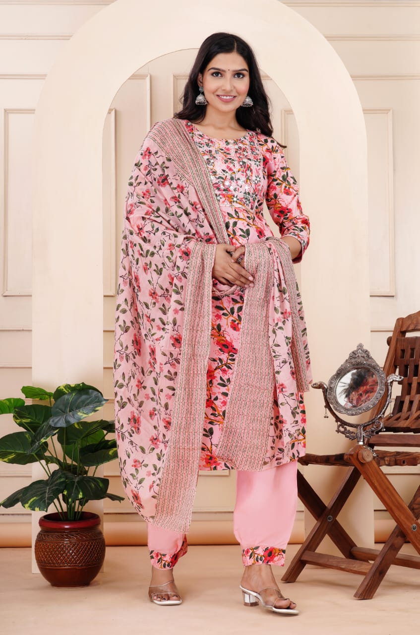 Blush Pink Embroidered Floral Kurta Set with Dupatta