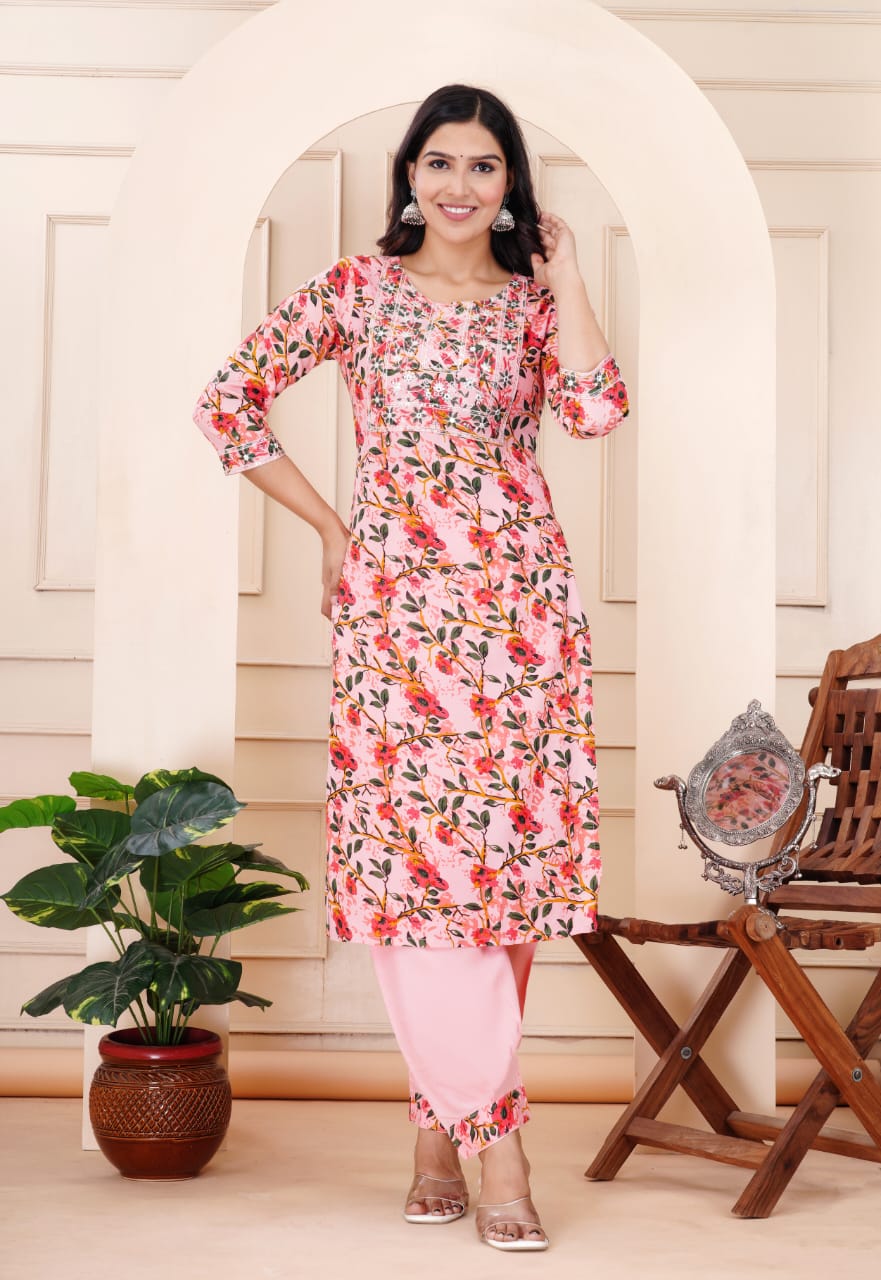 Blush Pink Embroidered Floral Kurta Set with Dupatta