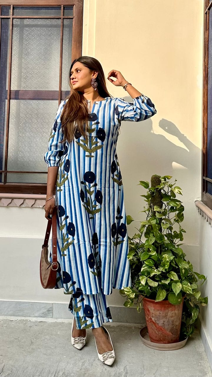 Blue & White Striped Floral Hand Block Printed Kurta with Puff Sleeves