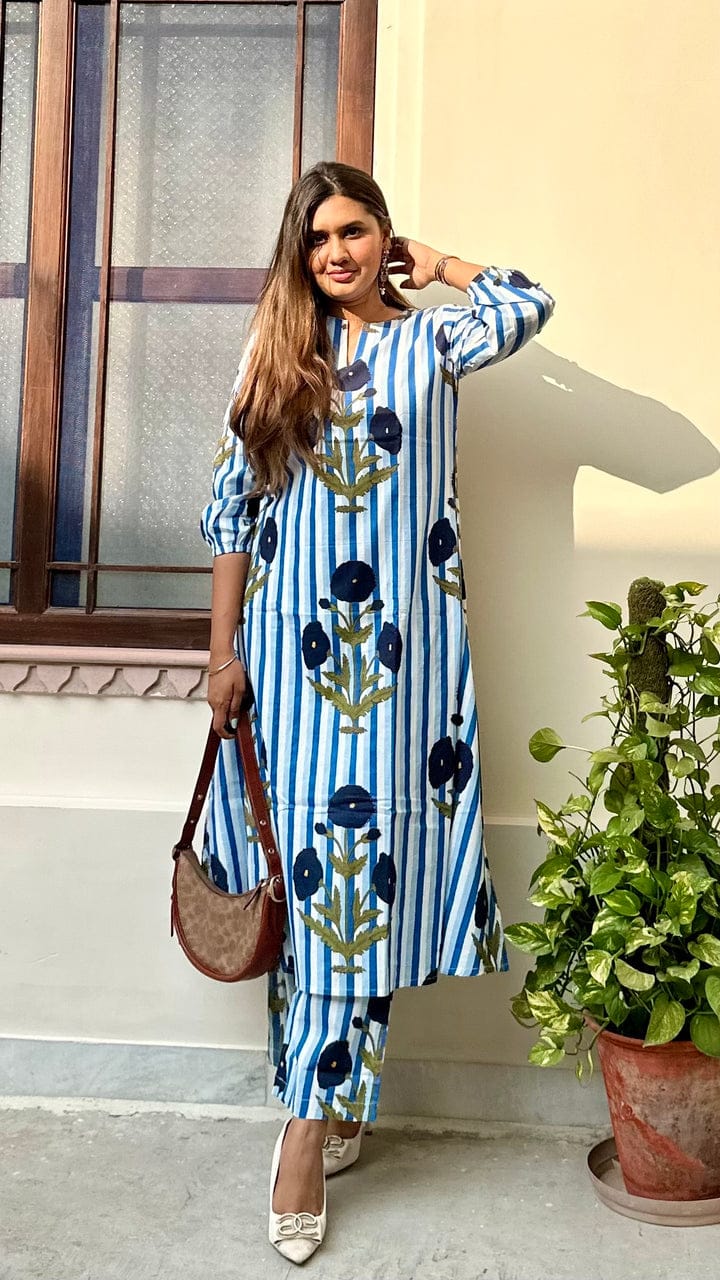 Blue & White Striped Floral Hand Block Printed Kurta with Puff Sleeves