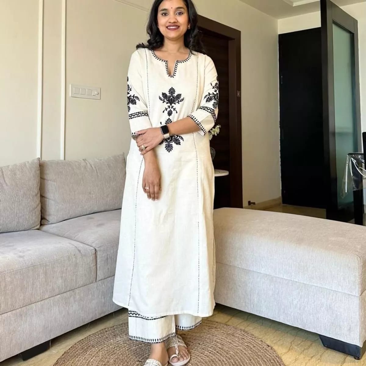 Off-White Elegant South Cotton Embroidered Co-Ord Set