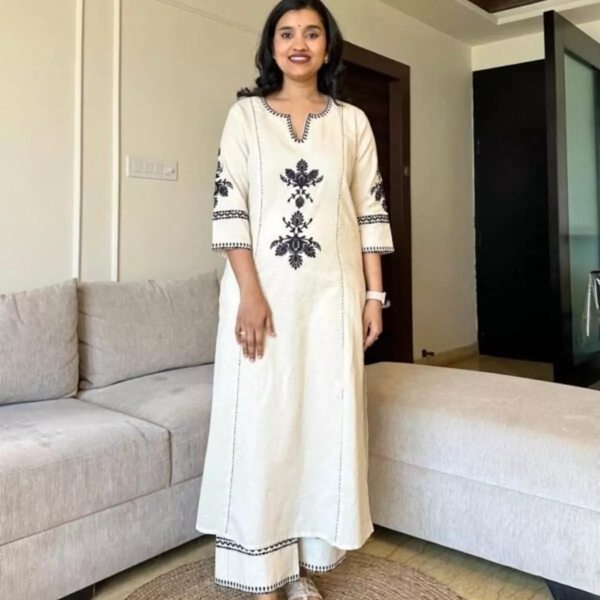 Off-White Elegant South Cotton Embroidered Co-Ord Set
