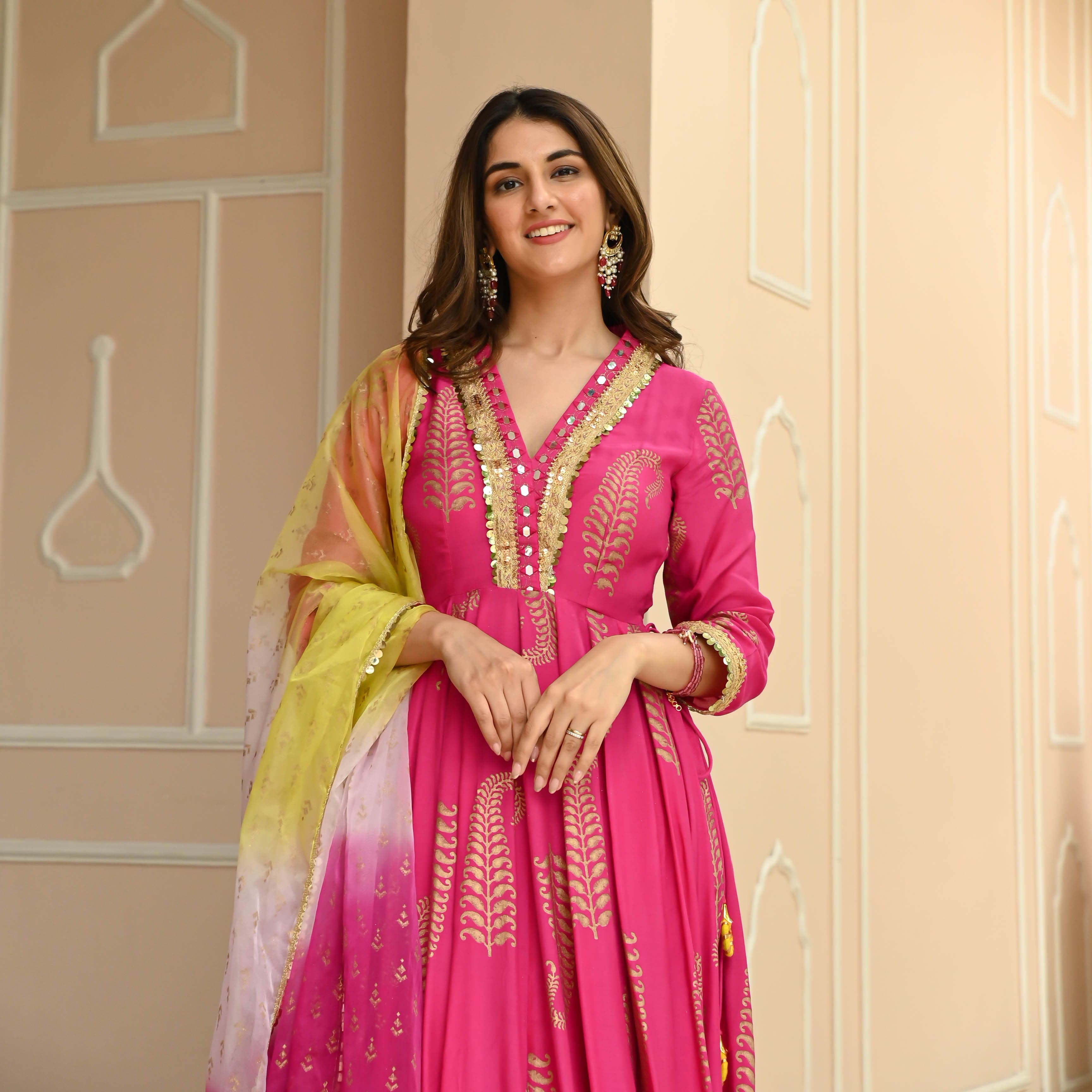 Radiant Pink Anarkali Suit with Tie-Dye Dupatta and Gold Accents