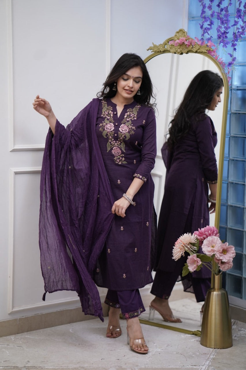 Royal Purple Cotton Kurta Set with Floral Embroidery