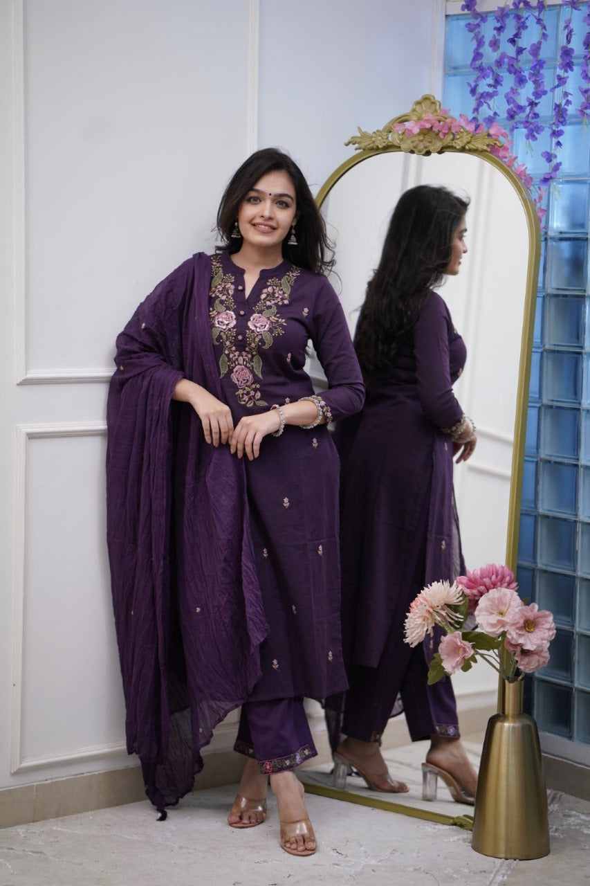 Royal Purple Cotton Kurta Set with Floral Embroidery