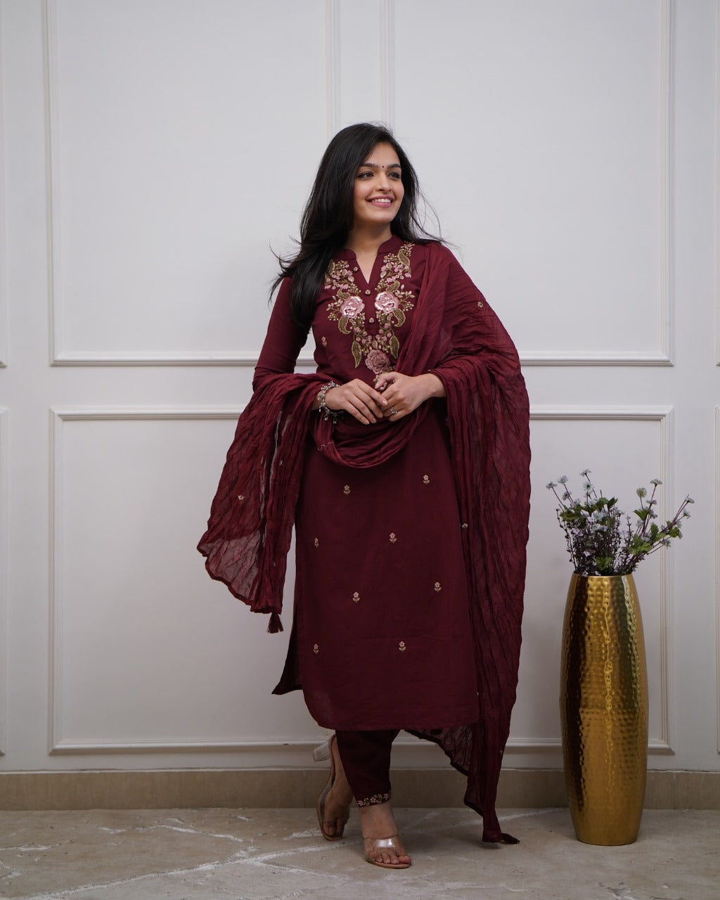 Maroon Cotton Kurta Set with Floral Embroidery