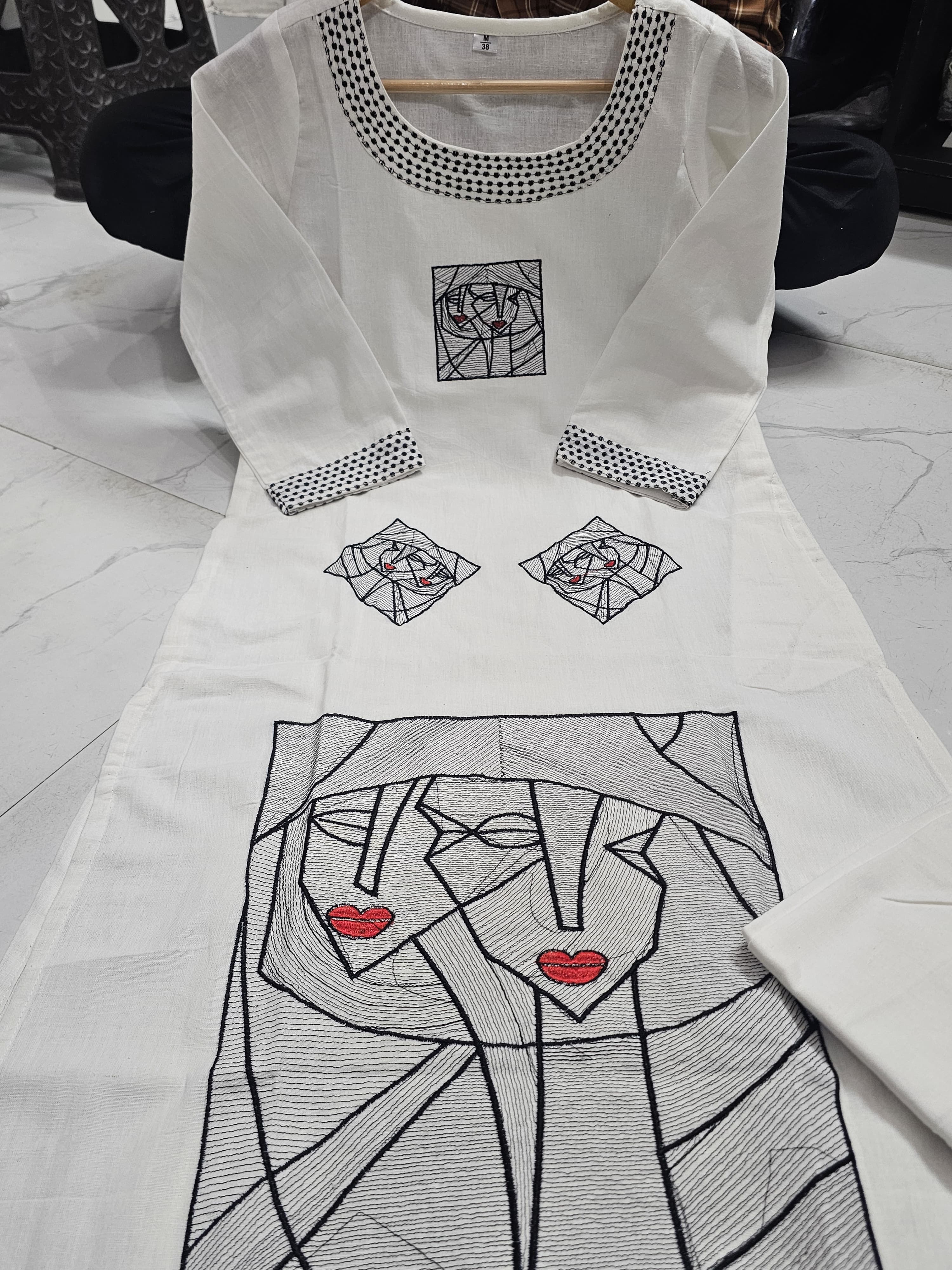 White Cotton Embroidered Co-Ord Set with Abstract Face Art