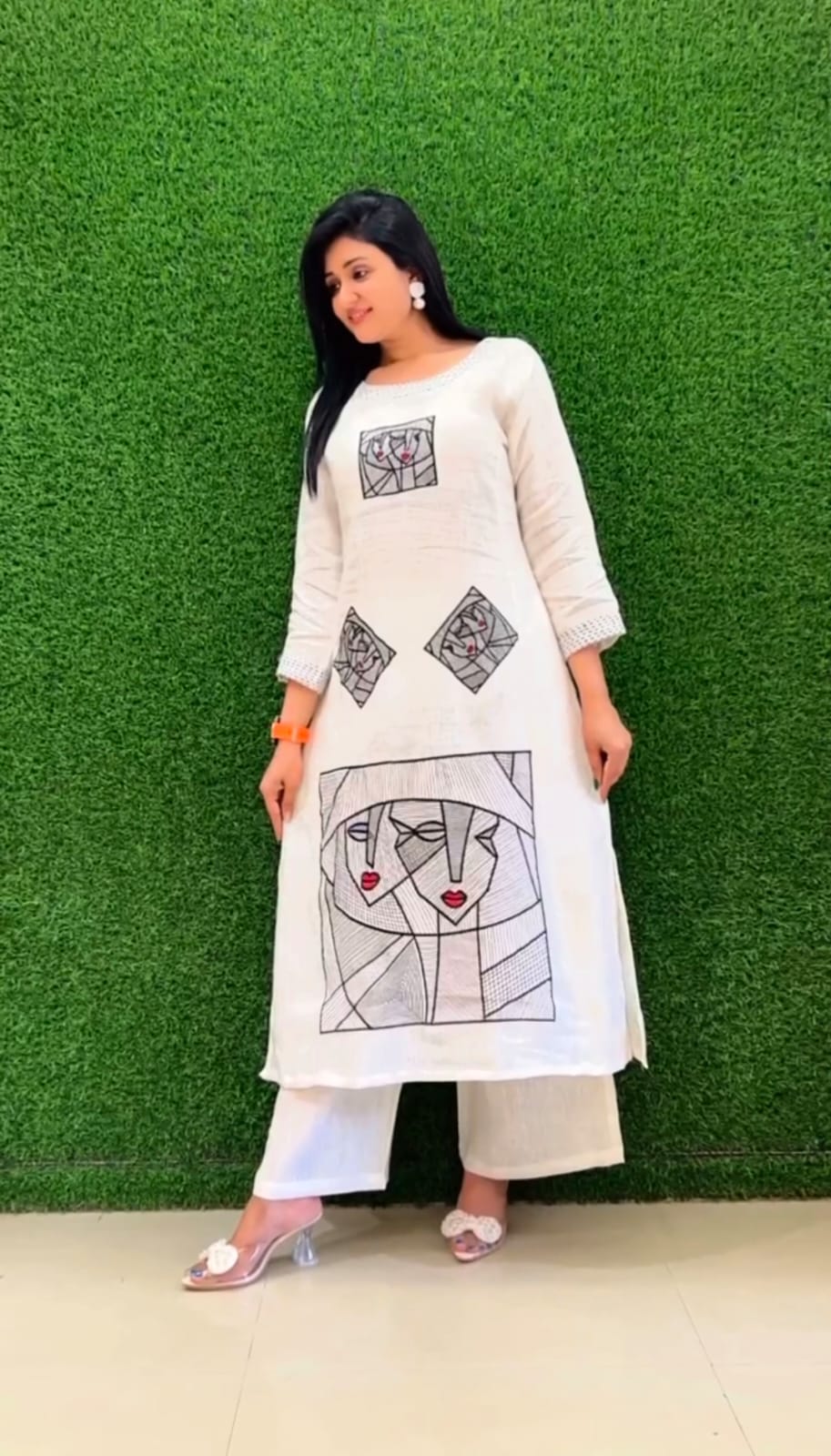 White Cotton Embroidered Co-Ord Set with Abstract Face Art