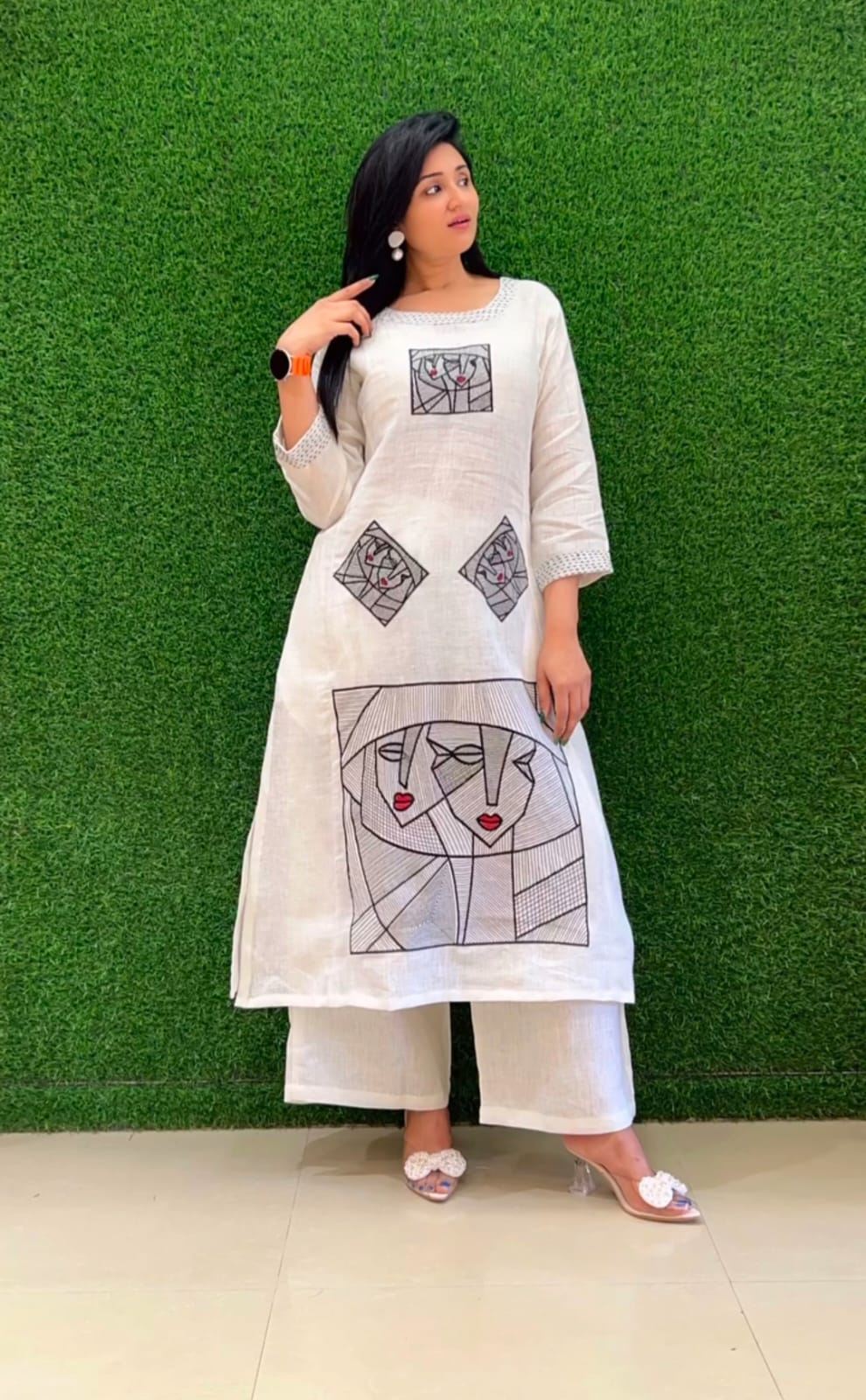 White Cotton Embroidered Co-Ord Set with Abstract Face Art