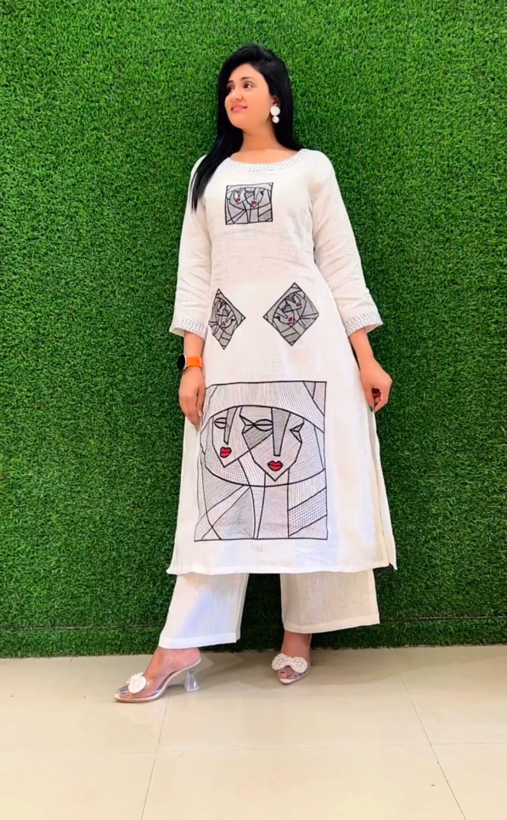 White Cotton Embroidered Co-Ord Set with Abstract Face Art