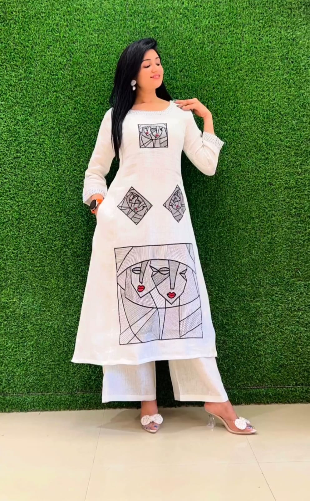 White Cotton Embroidered Co-Ord Set with Abstract Face Art
