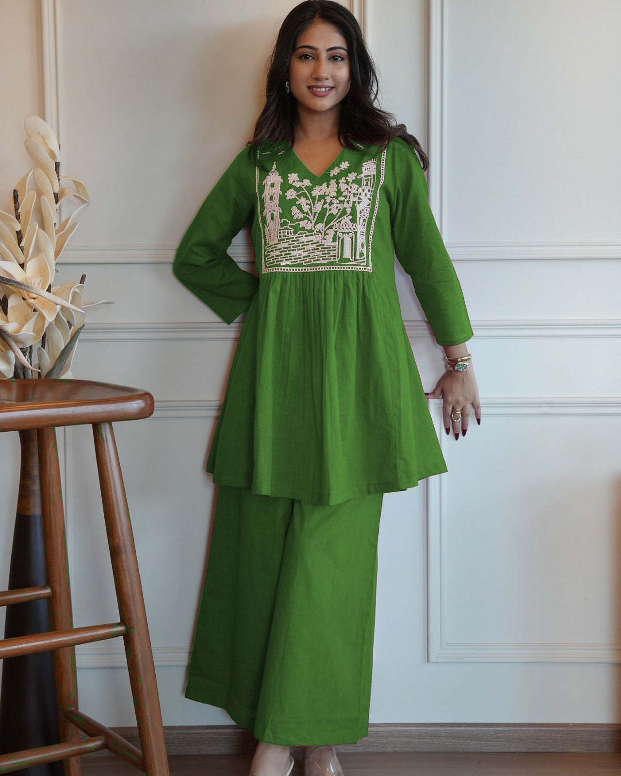 Green Embroidered Cotton Co-Ord Set