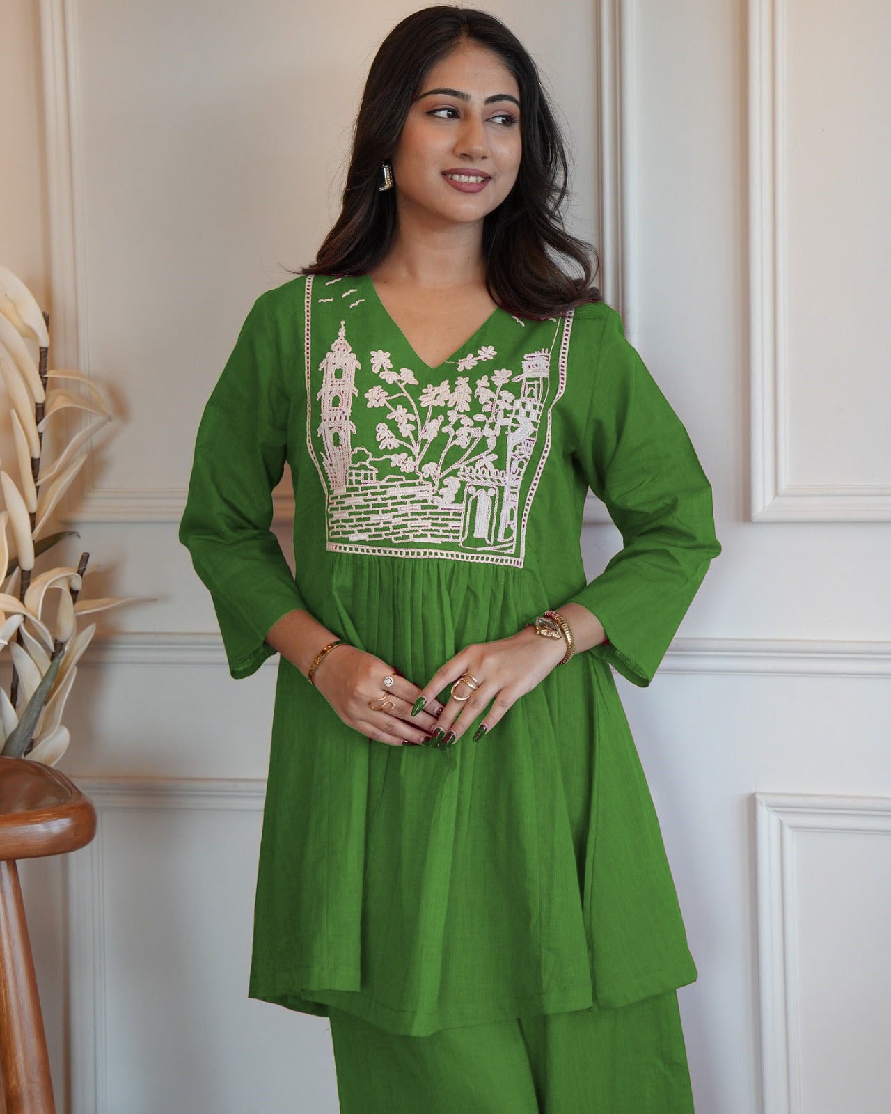 Green Embroidered Cotton Co-Ord Set