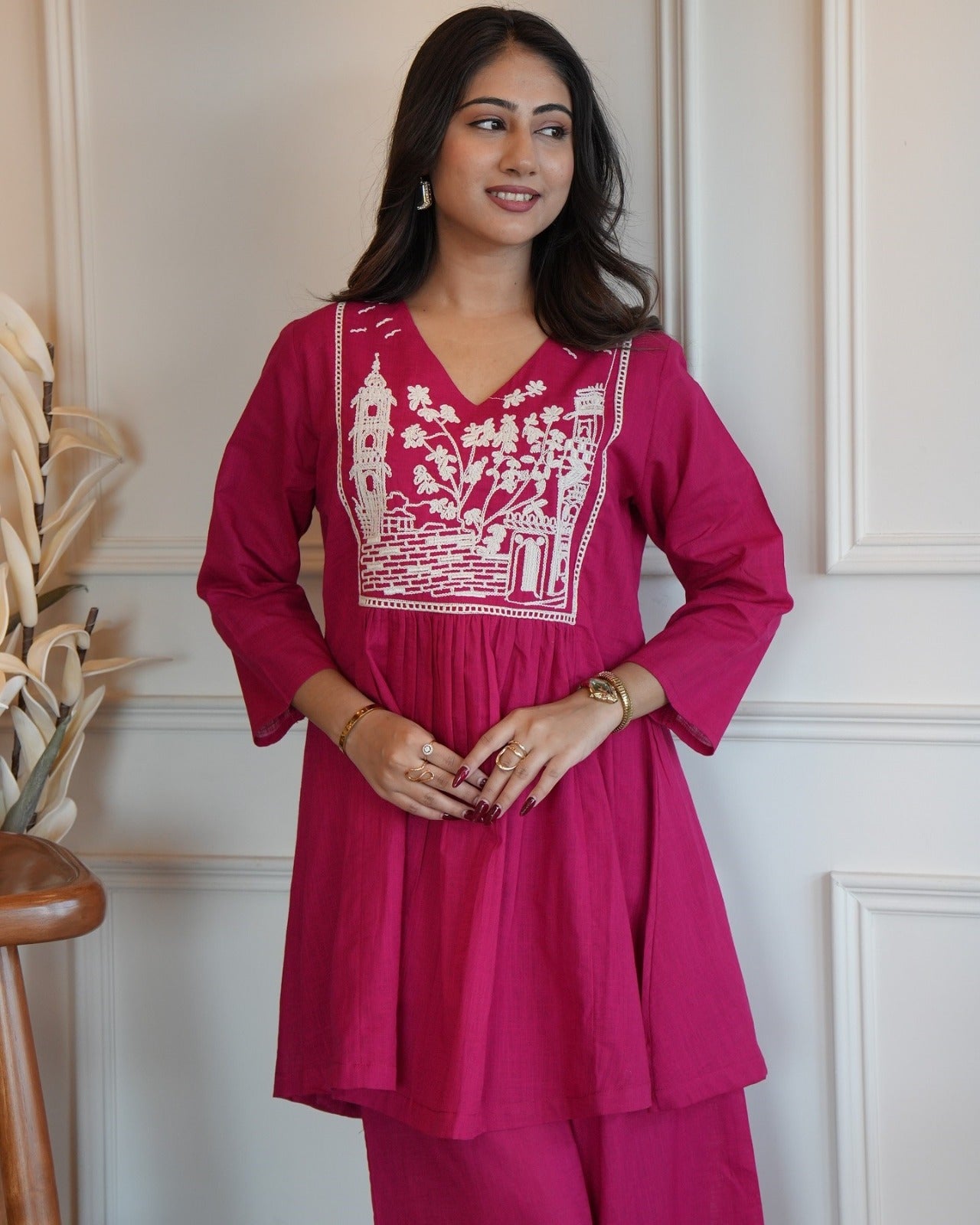 Magenta Embroidered Cotton Co-Ord Set