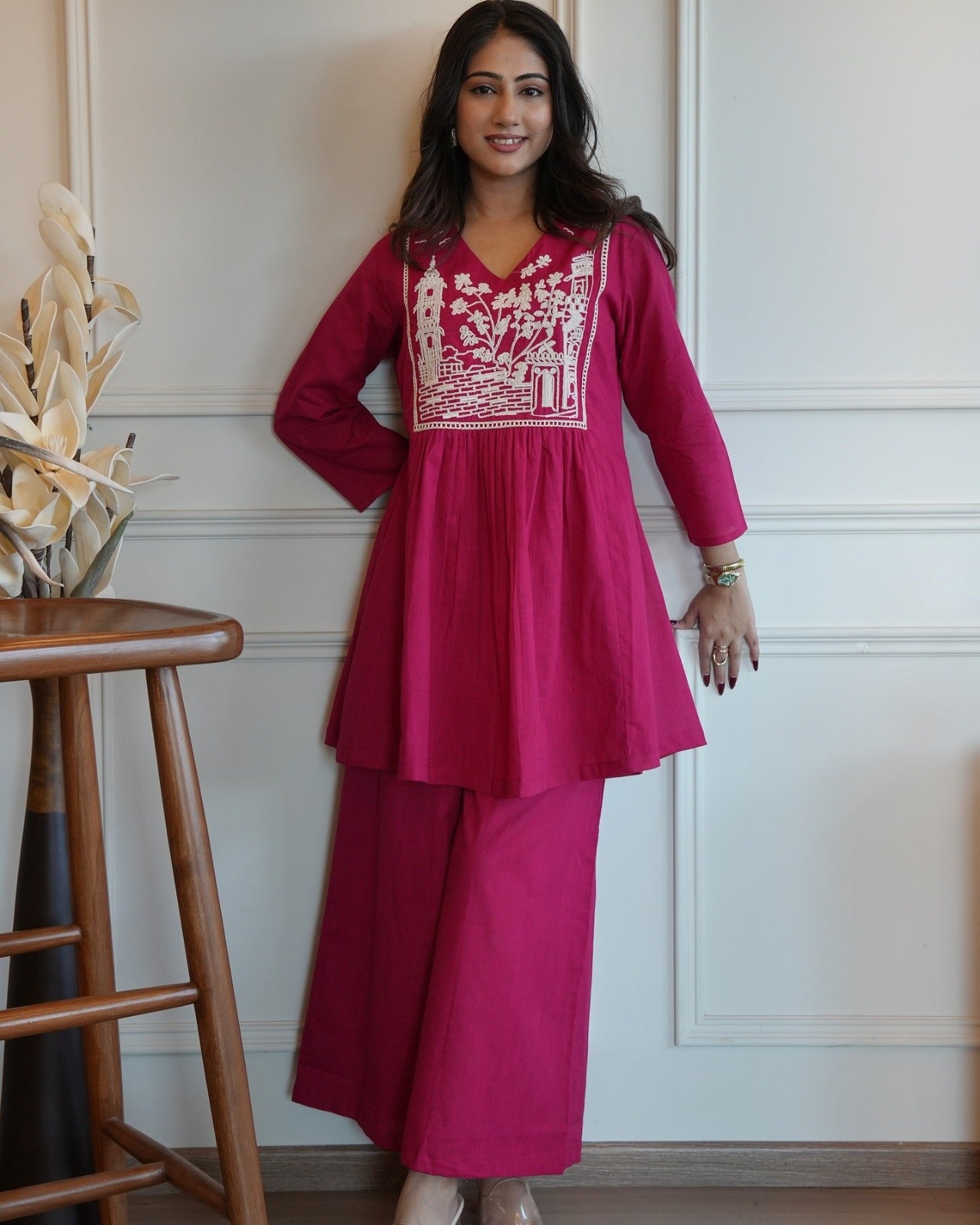 Magenta Embroidered Cotton Co-Ord Set
