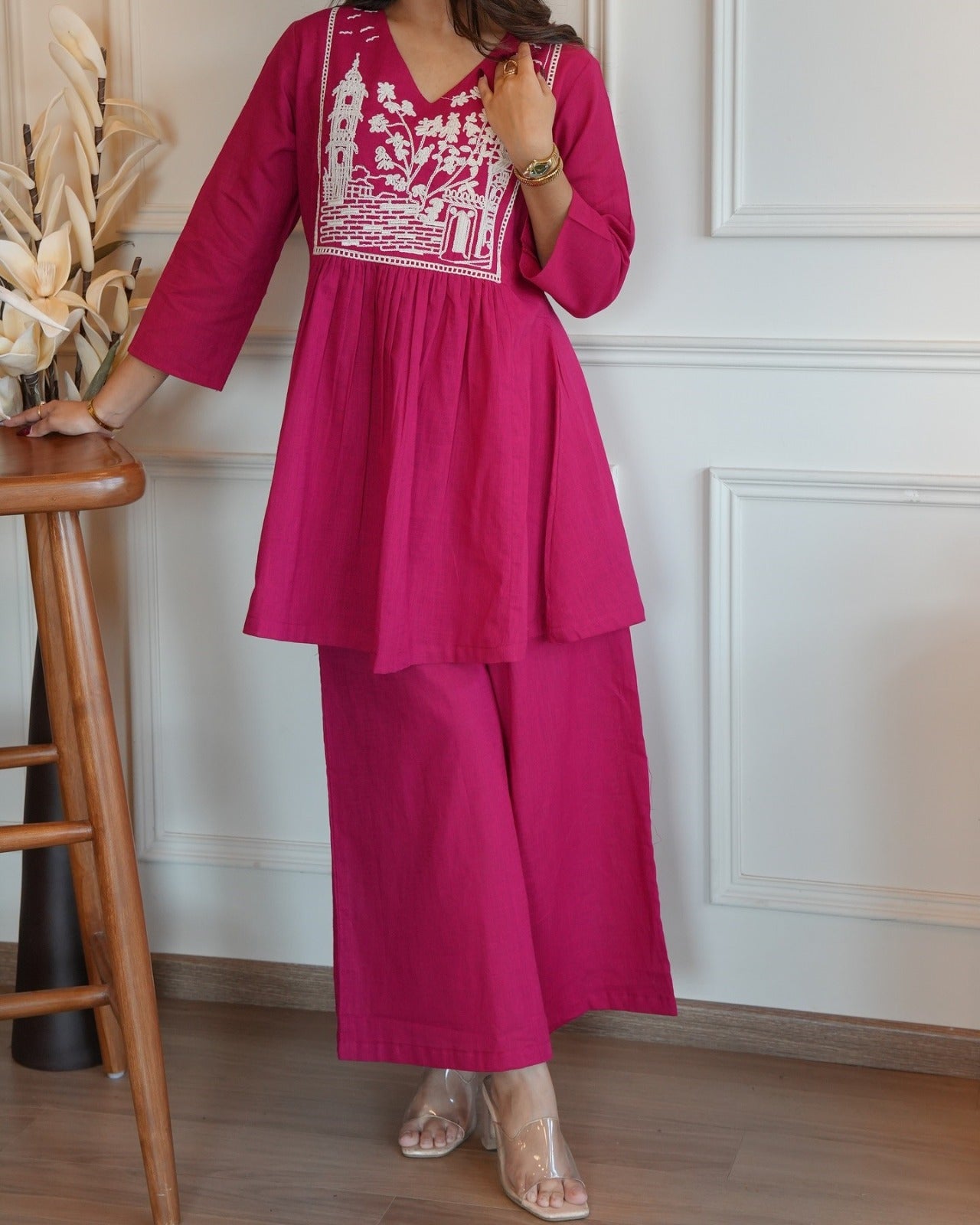 Magenta Embroidered Cotton Co-Ord Set