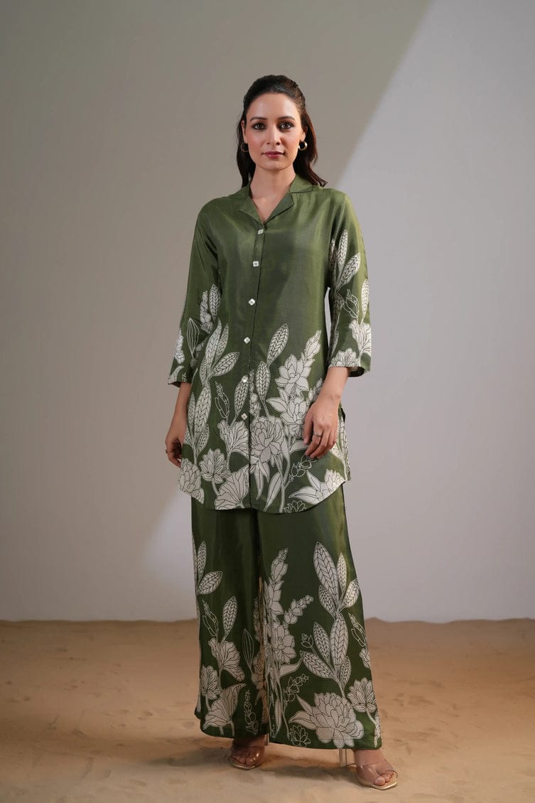 Olive Green Floral Printed Co-Ord Set