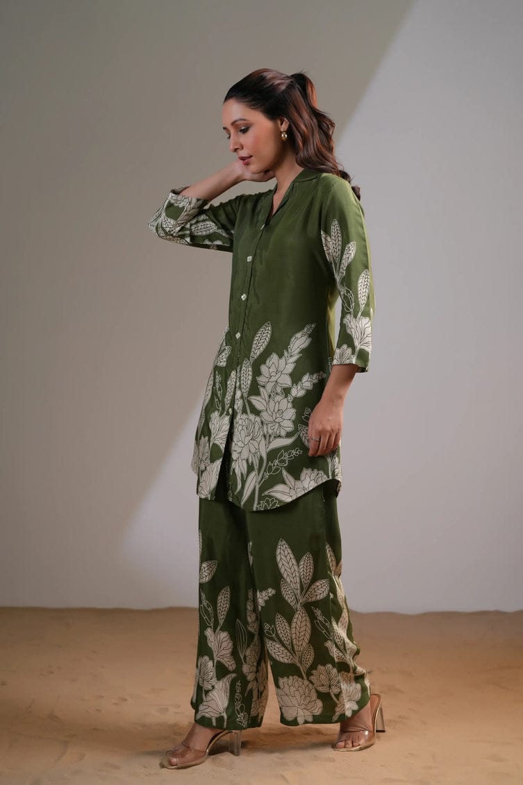 Olive Green Floral Printed Co-Ord Set
