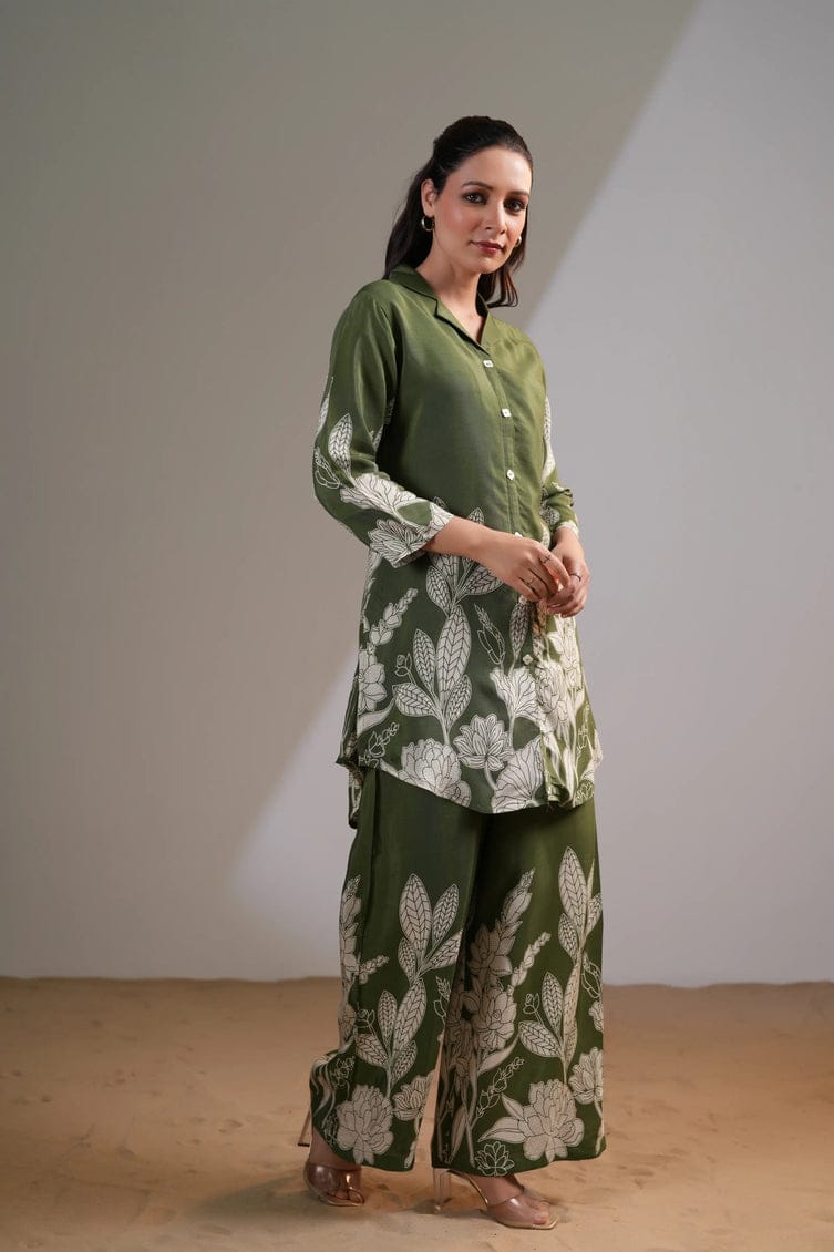 Olive Green Floral Printed Co-Ord Set