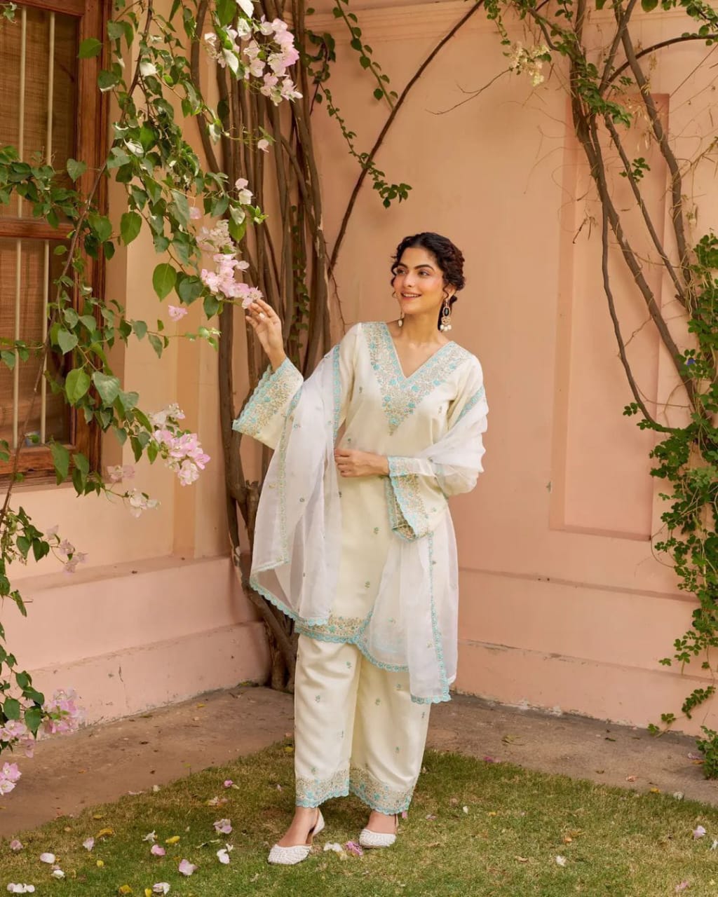 White Chanderi Kurta Set with Blue Embroidery Detailing