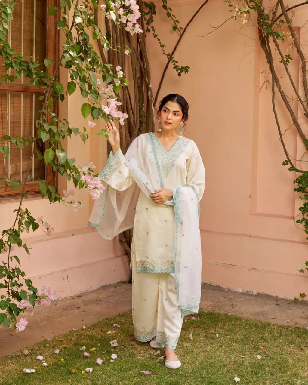 White Chanderi Kurta Set with Blue Embroidery Detailing