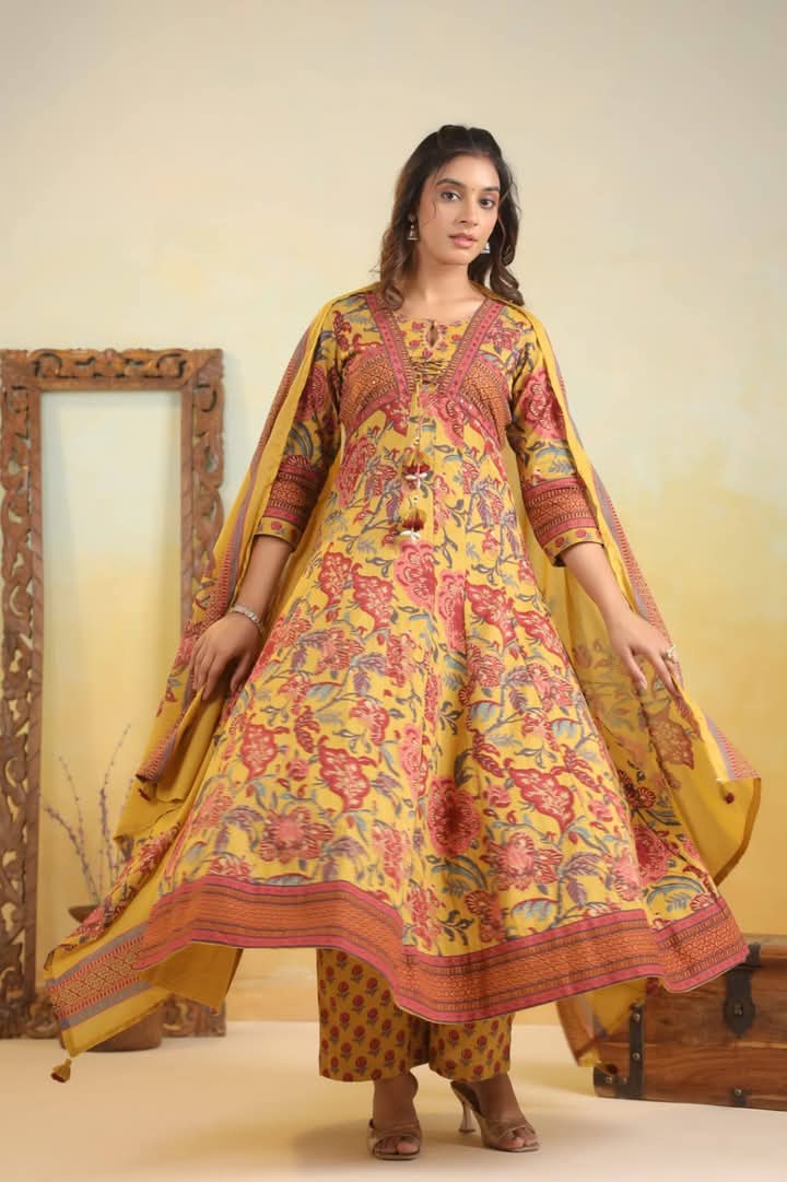 Mustard Maroon Floral Anarkali Kurta Set with Dupatta