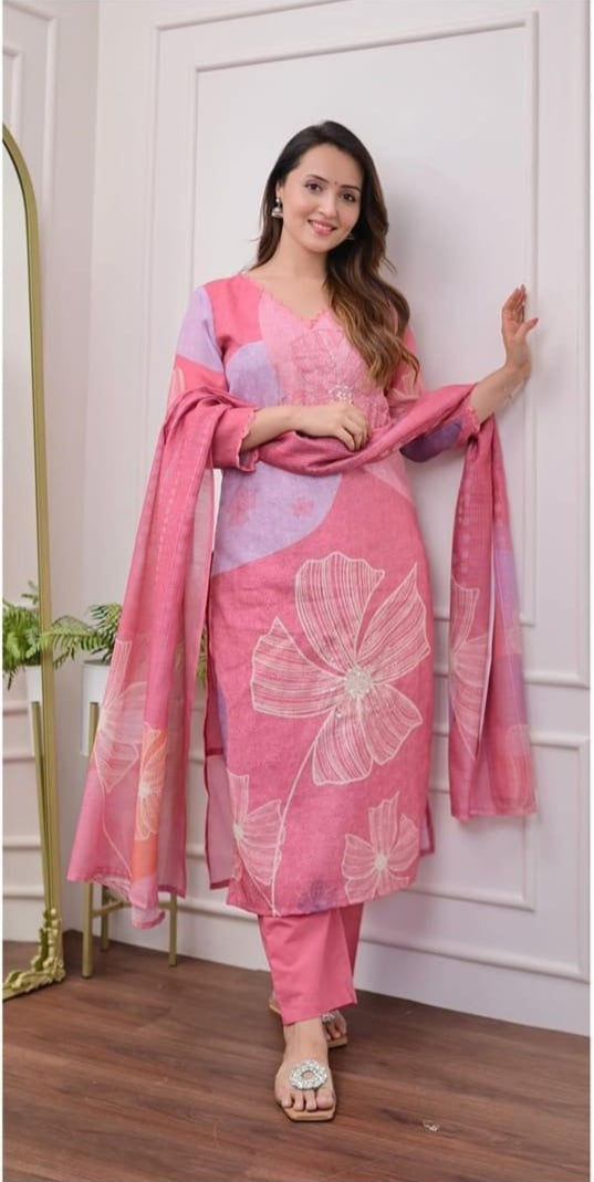 Pink Floral schiffli Linen Cotton Kurta Set with Dupatta