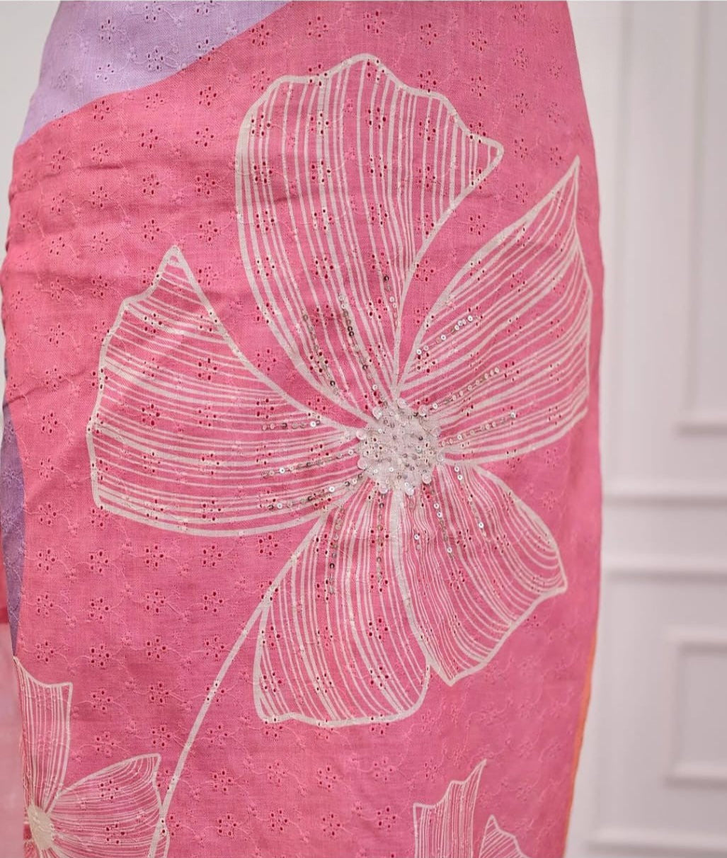 Pink Floral schiffli Linen Cotton Kurta Set with Dupatta