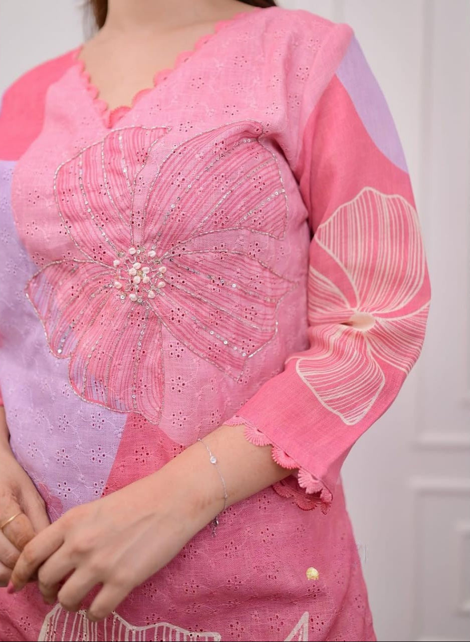 Pink Floral schiffli Linen Cotton Kurta Set with Dupatta