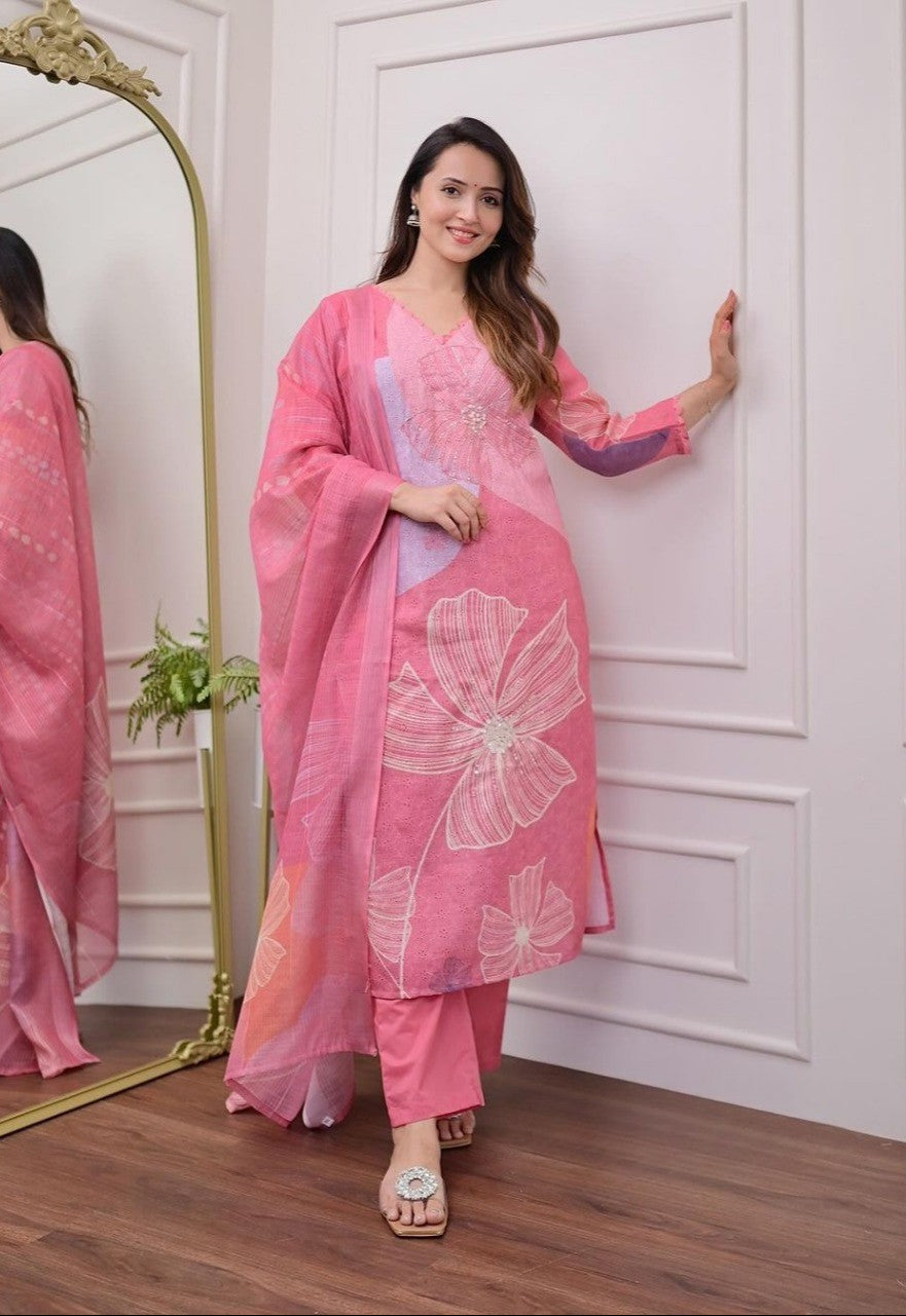 Pink Floral schiffli Linen Cotton Kurta Set with Dupatta