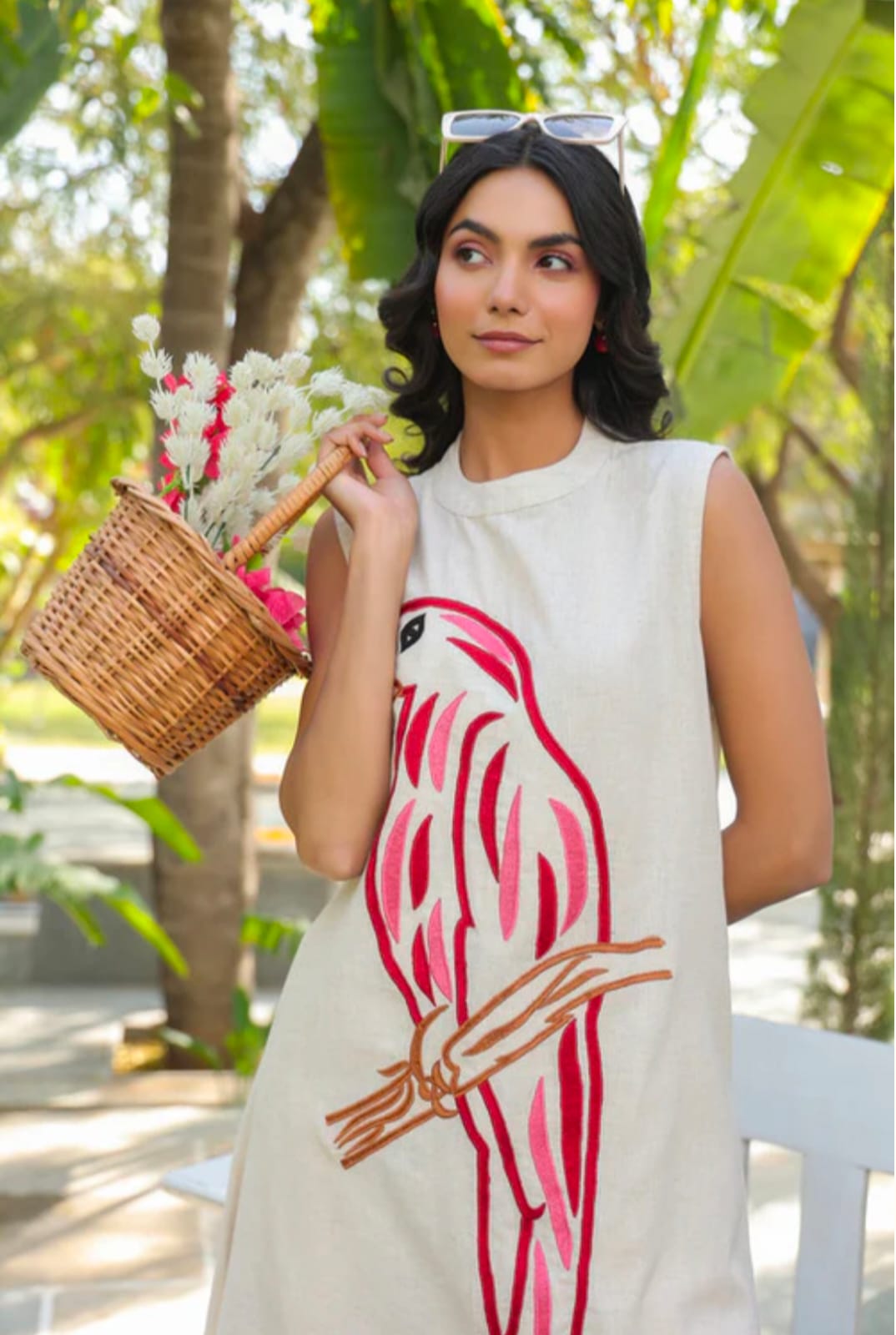 White Kurta with Pink Parrot Embroidery